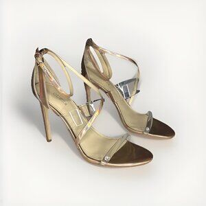 Guess Felecia Strappy Stiletto Size 9 Iridescent Rose Gold & Clear Dressy Sandal